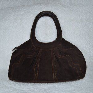 Flavi Olivera brown suede hobo bag, contrast stitching and radial line detail